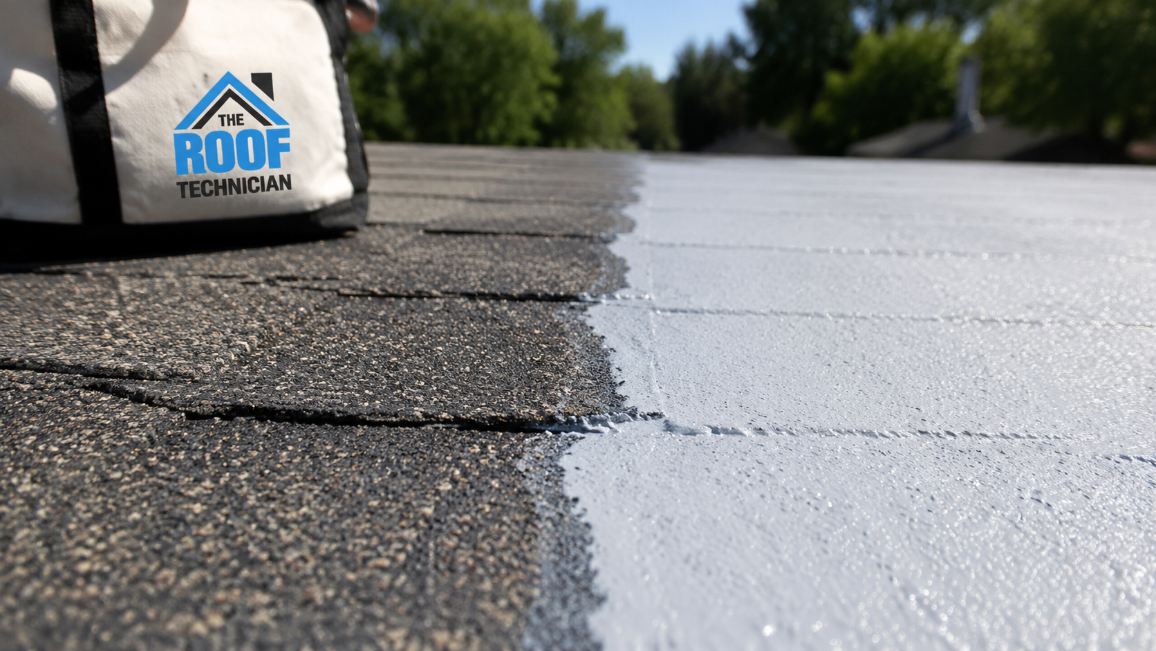 Close-up of a freshly cured reflective roof coating showing a smooth continuous film sealing the asphalt shingle surface