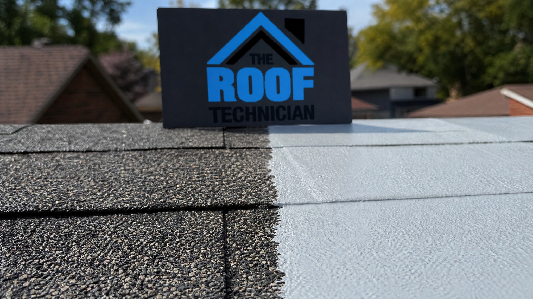 Close-up of a freshly cured reflective roof coating showing a smooth continuous film sealing the asphalt shingle surface