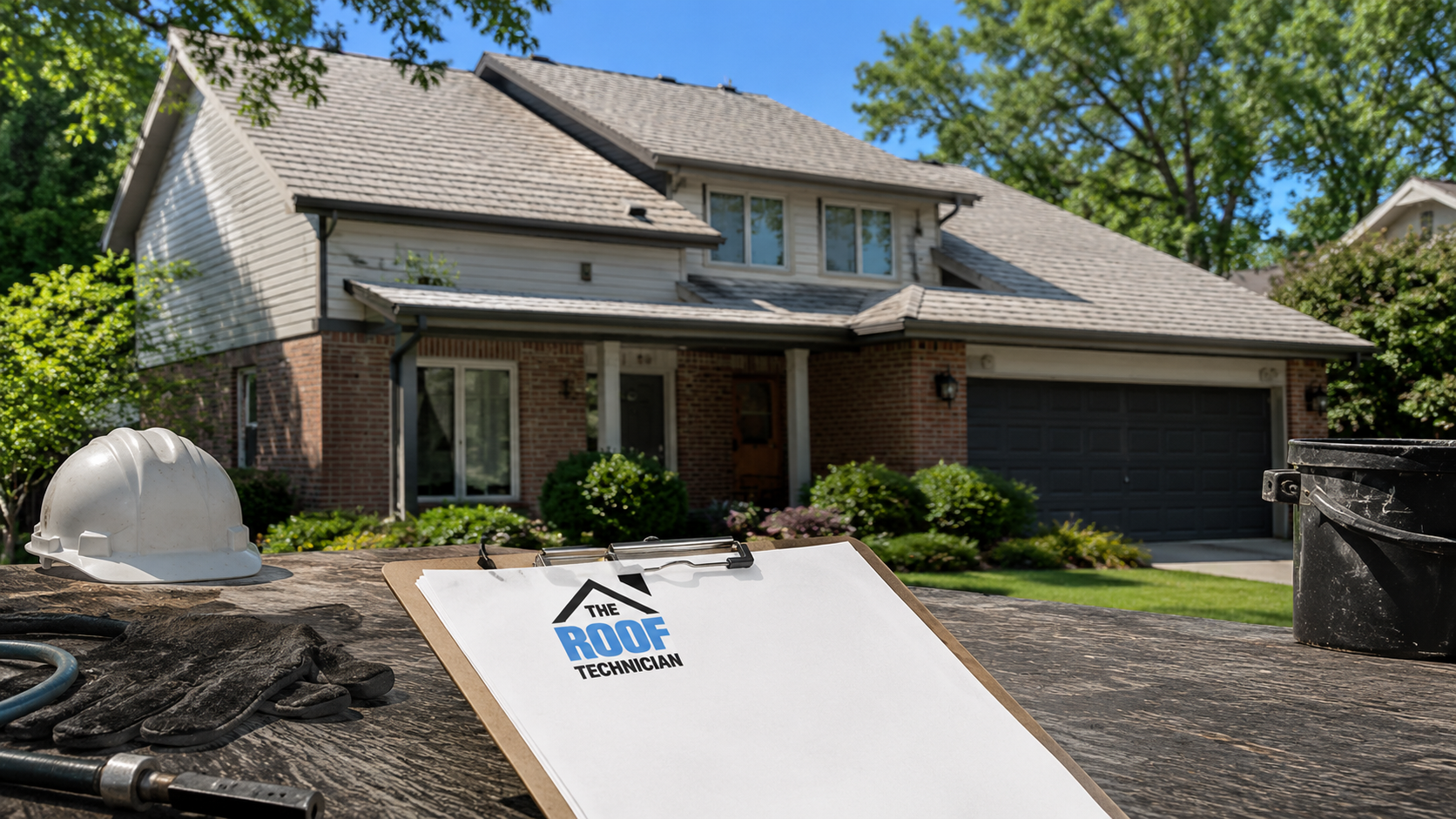 Wide view of a Toronto suburban home with an asphalt shingle roof being prepared for a protective coating on a clear summer day