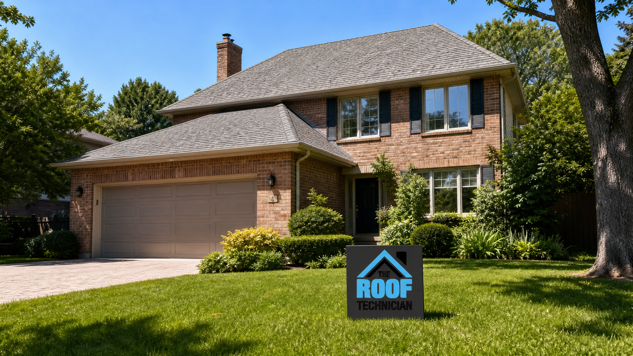 Wide view of a Toronto suburban home with an asphalt shingle roof being prepared for a protective coating on a clear summer day