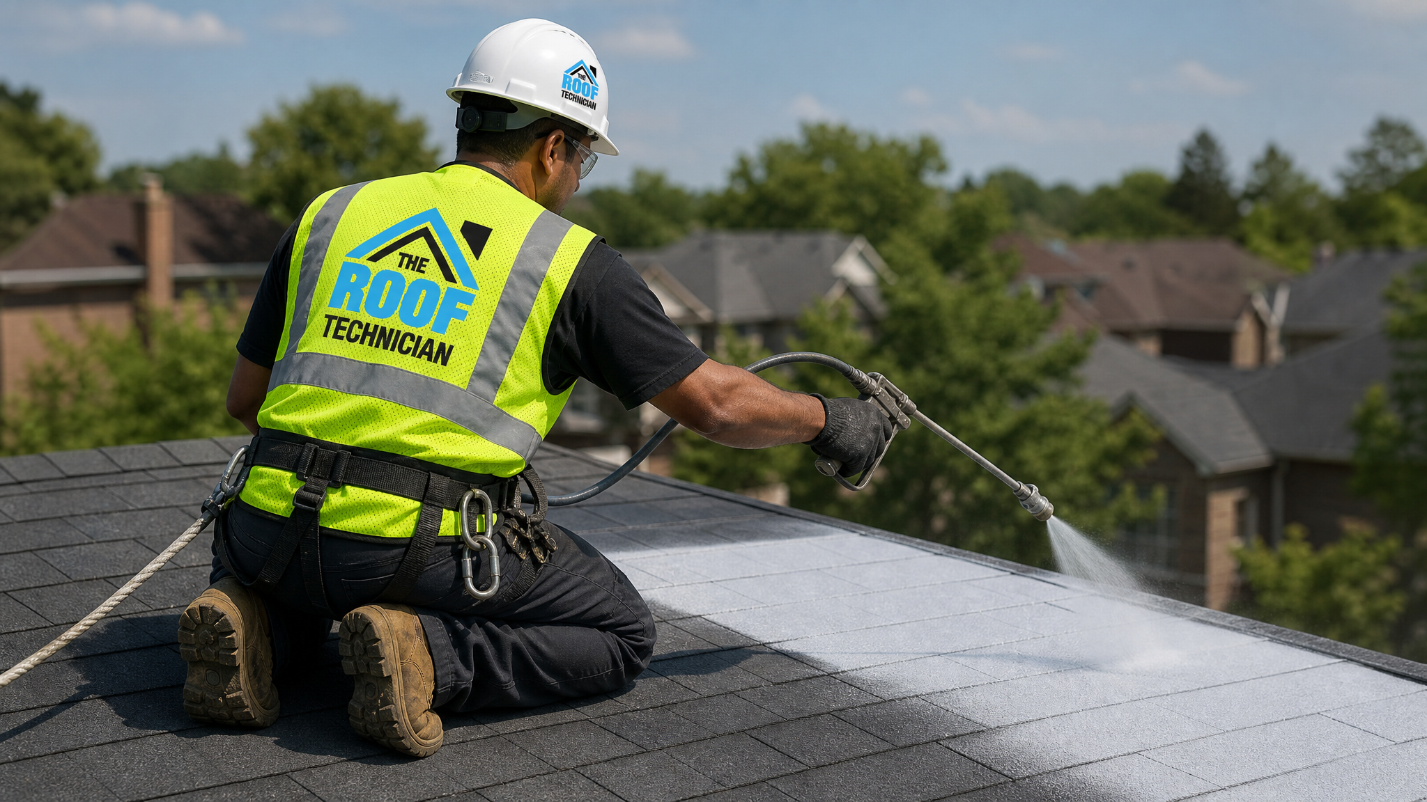 A roofing technician in full safety gear spray-applying a reflective coating onto asphalt shingles on a Toronto rooftop