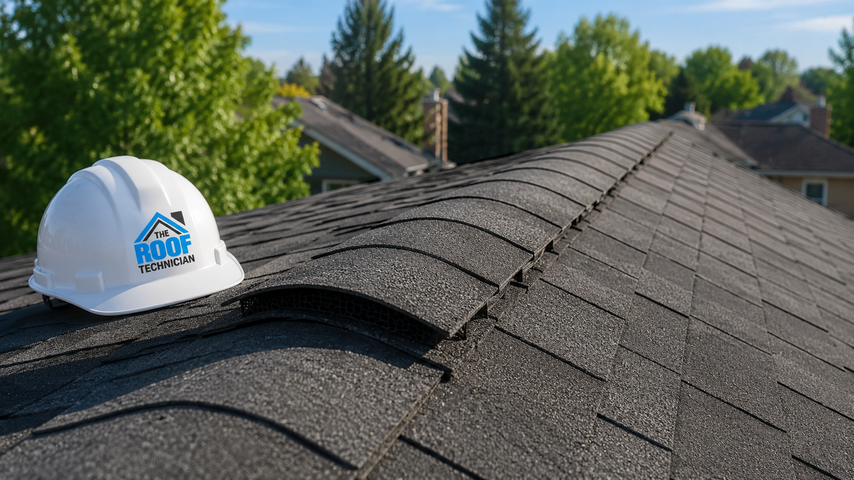 Close view of ridge venting and architectural shingle courses on a roofing Peel Region installation