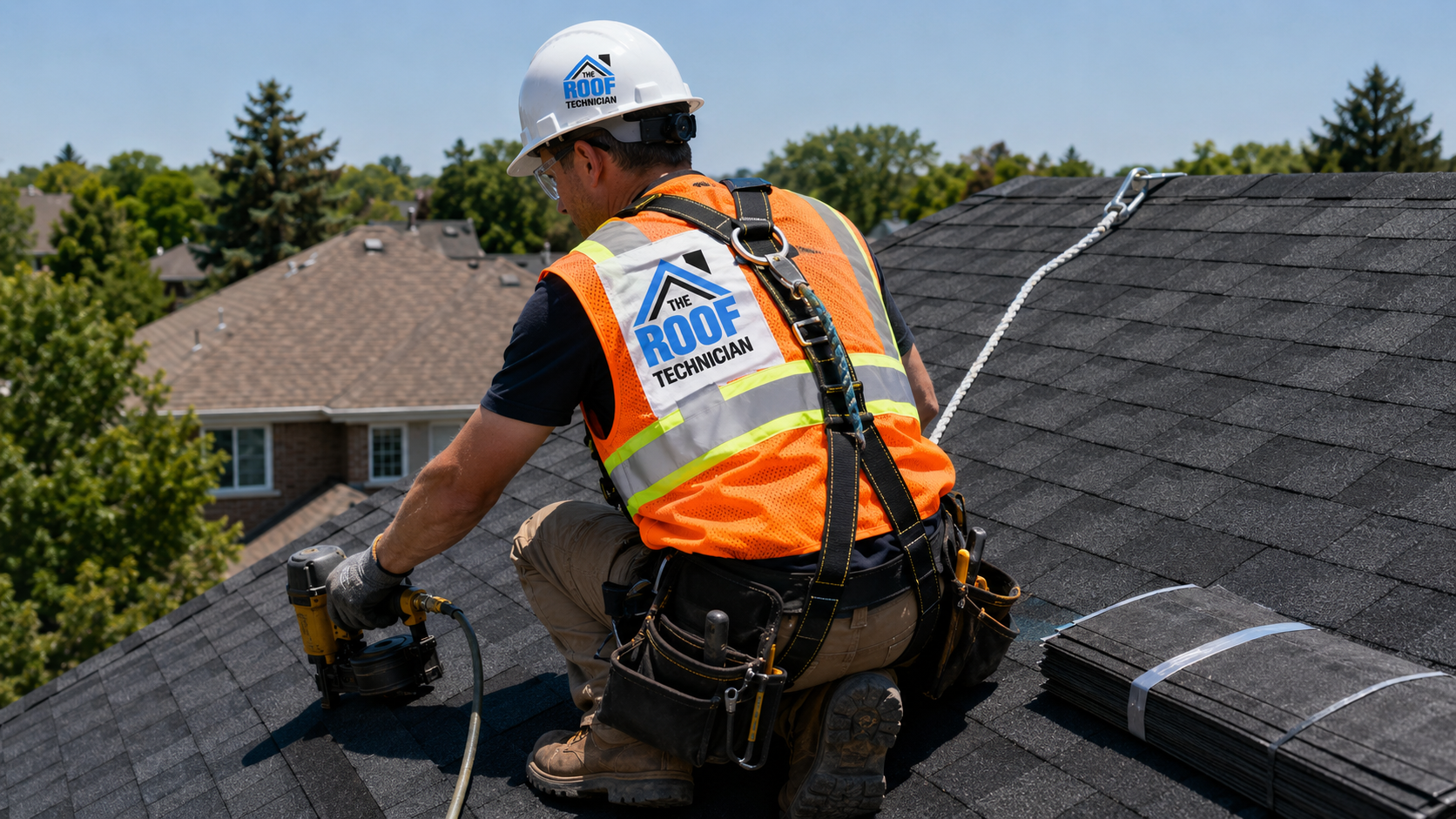 Roofer in full safety gear installing architectural shingles on a Peel Region suburban home