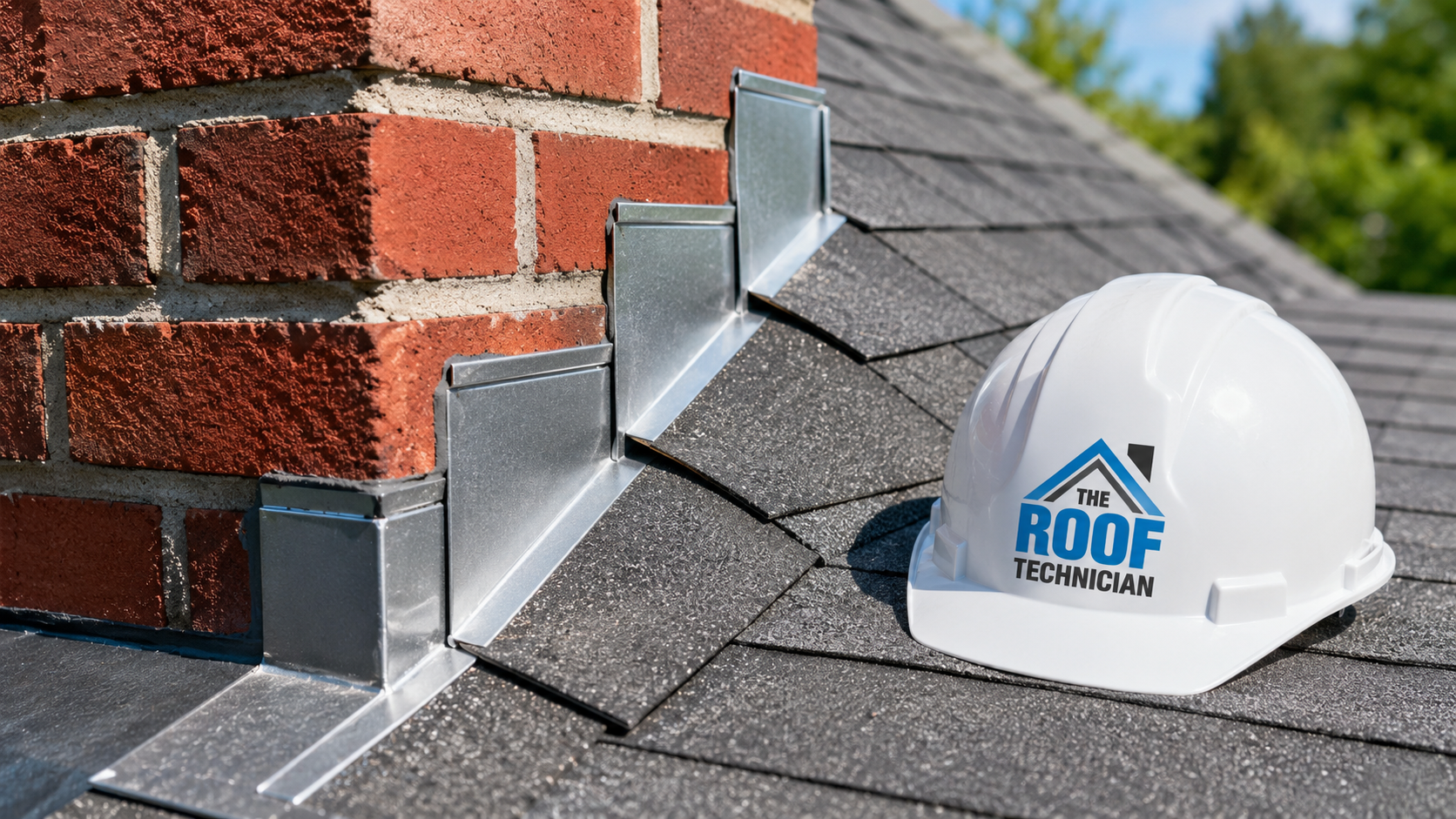 Close up of rebuilt chimney step flashing detail after roof repair Brampton work on an asphalt shingle roof