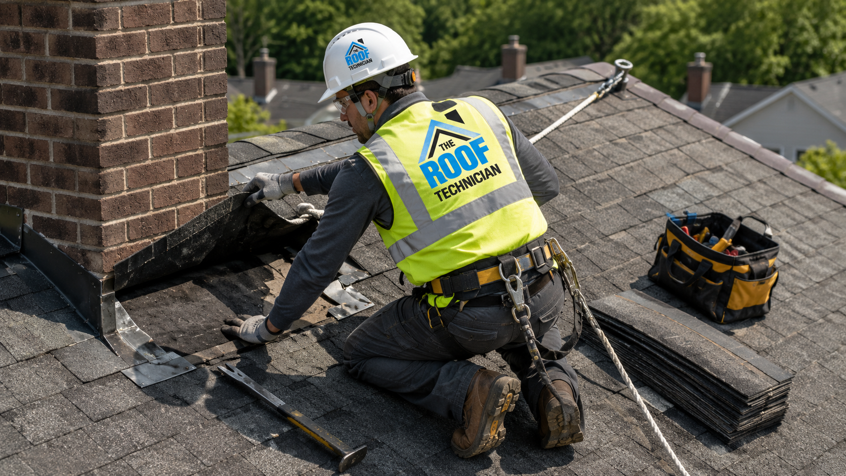 Roofer in full safety gear performing roof repair Brampton work on a suburban asphalt shingle roof