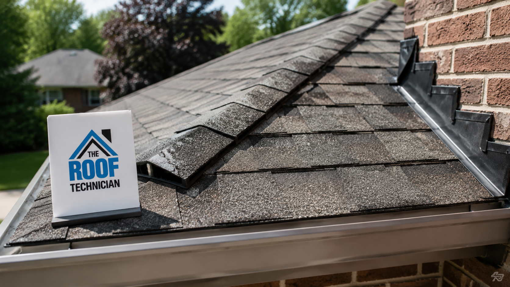Close detail of new ridge venting and shingle courses completed during a roof replacement in Caledon
