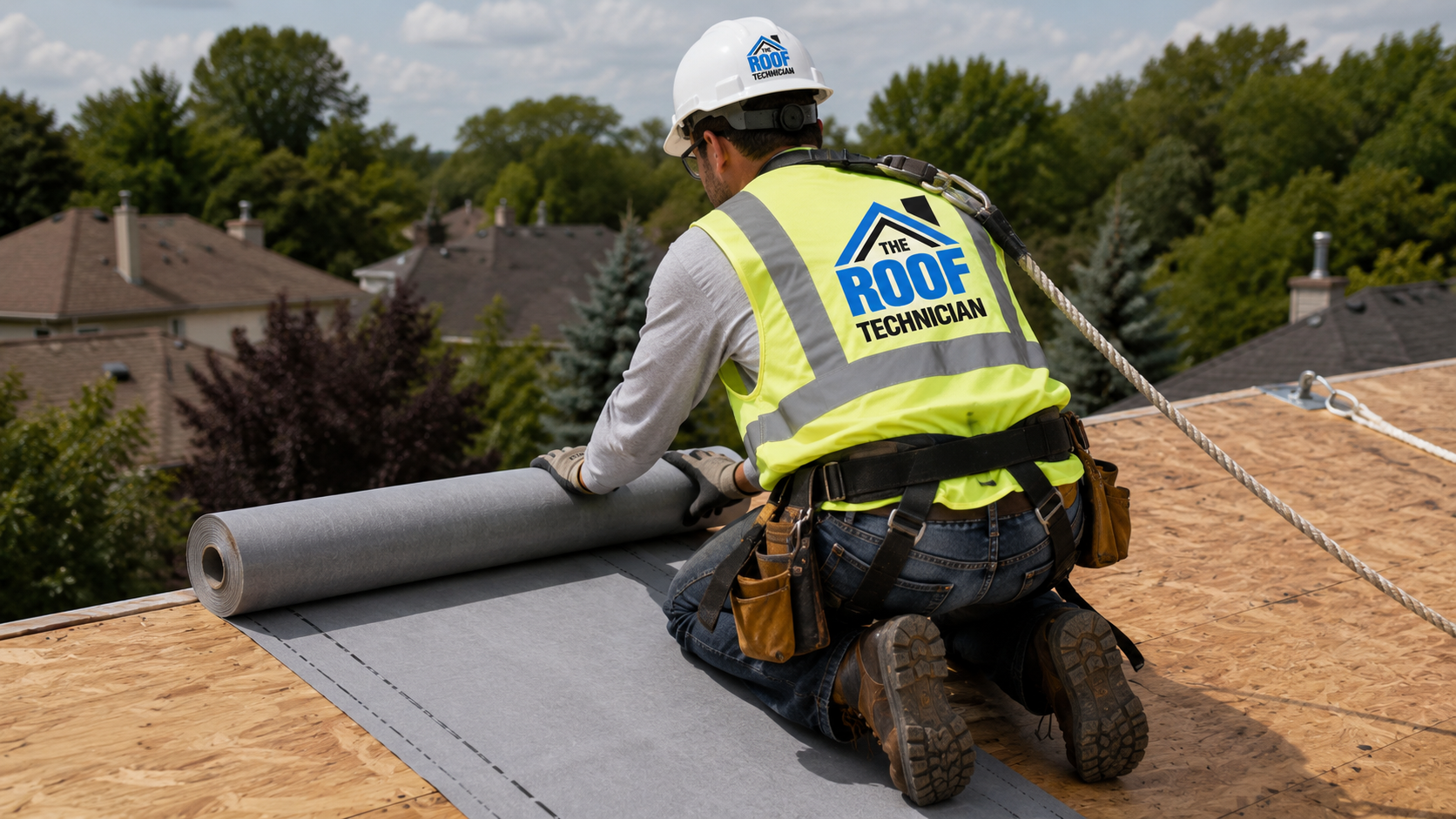 Roofer in full safety gear installing underlayment during a roof replacement in Caledon