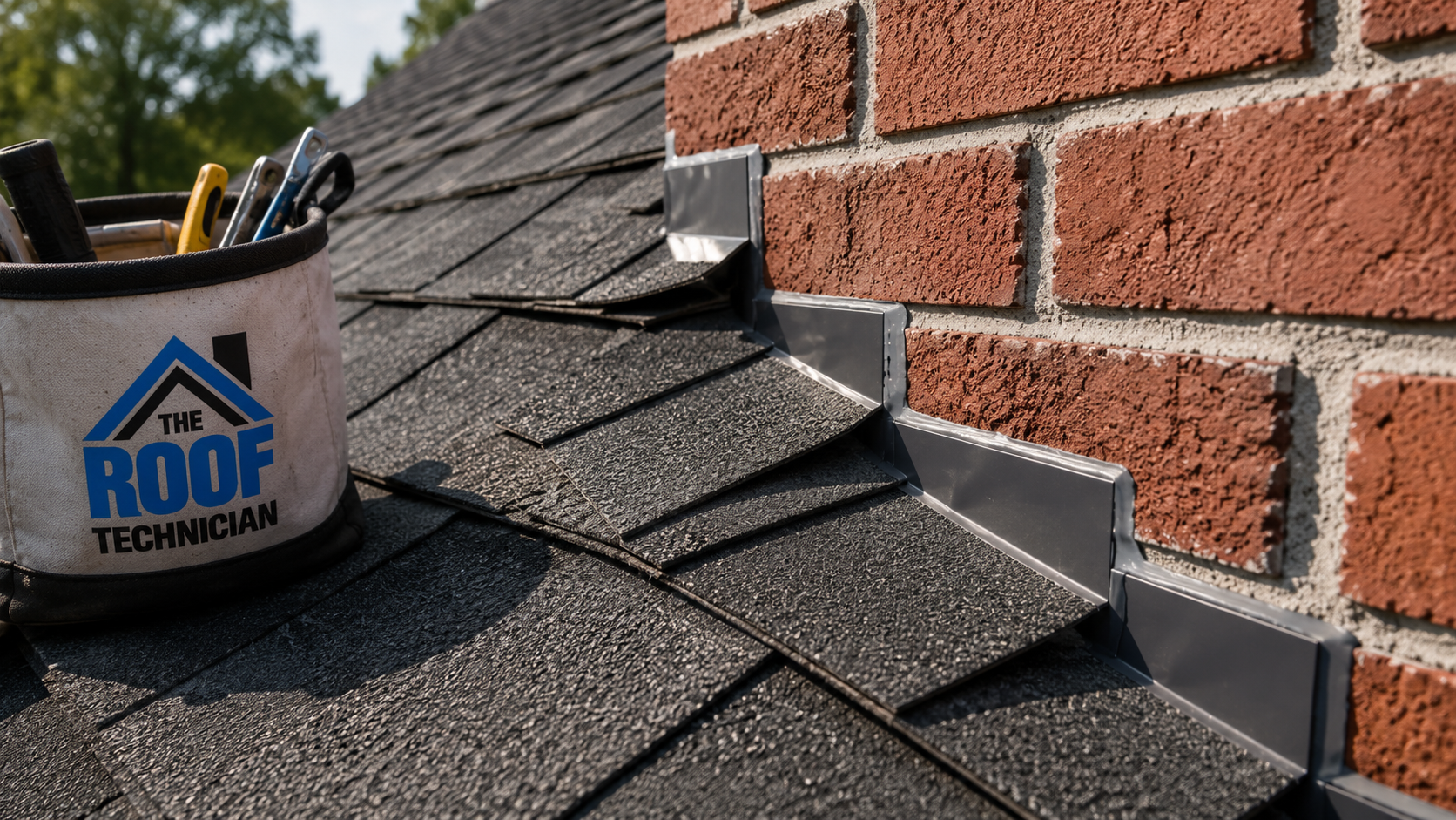 Close detail of new step flashing and shingle courses at a sidewall, a workmanship marker for roofing companies in Mississauga