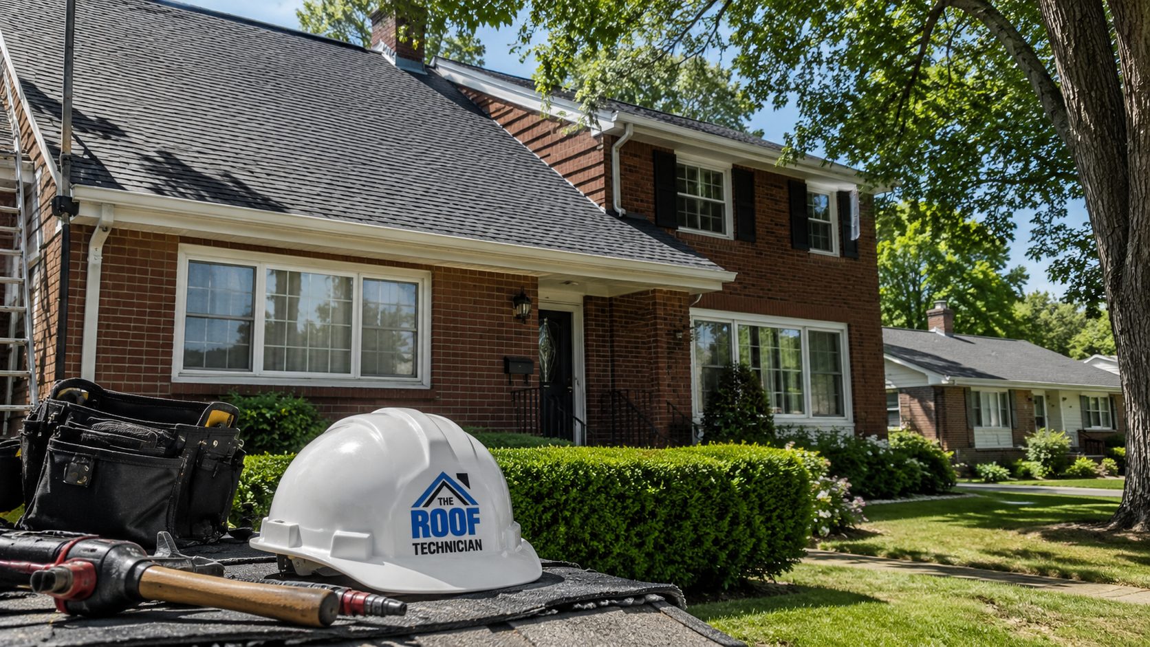 Suburban Mississauga two storey brick home with a newly installed asphalt shingle roof on a summer day