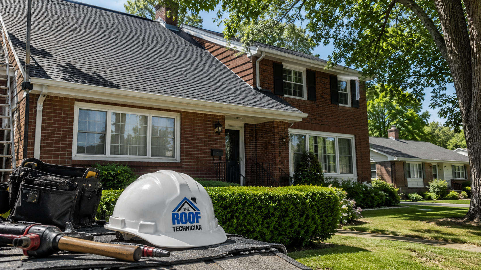 Suburban Mississauga two storey brick home with a newly installed asphalt shingle roof on a summer day