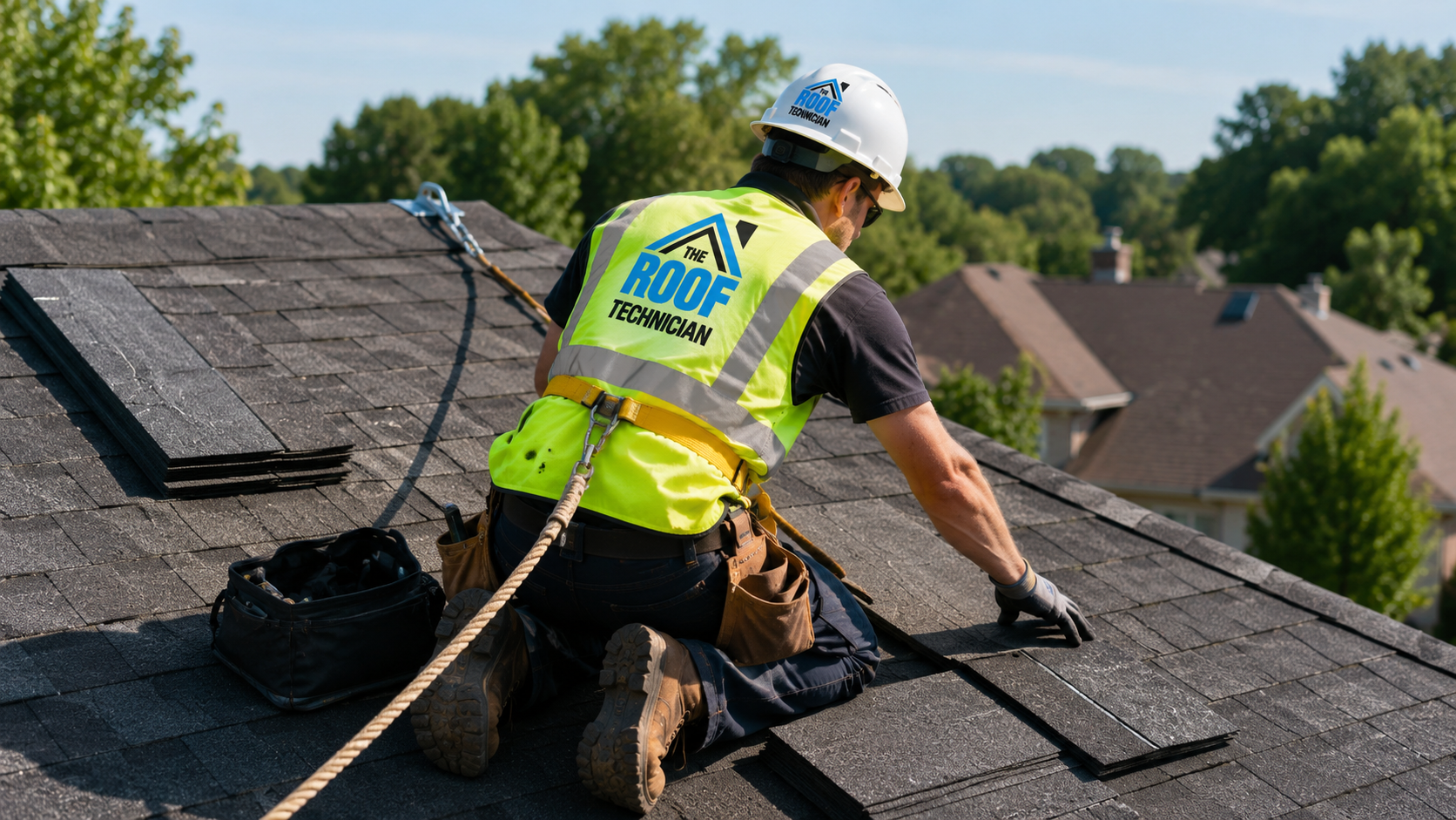 Roofer in full safety gear installing shingles, showing the standards good roofing companies in Mississauga follow