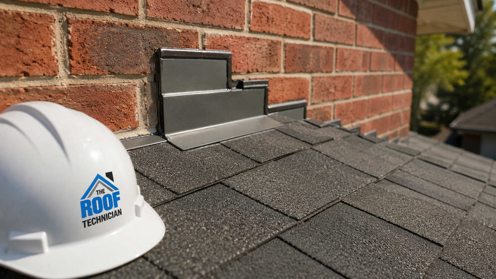 Close up of new step flashing and a sealed shingle course after roof leak repair Brampton work is completed
