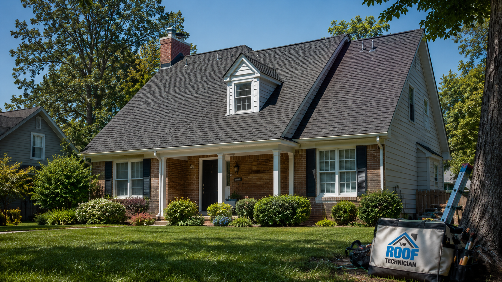 Two storey suburban Brampton home with a complex asphalt shingle roof awaiting roof leak repair Brampton service