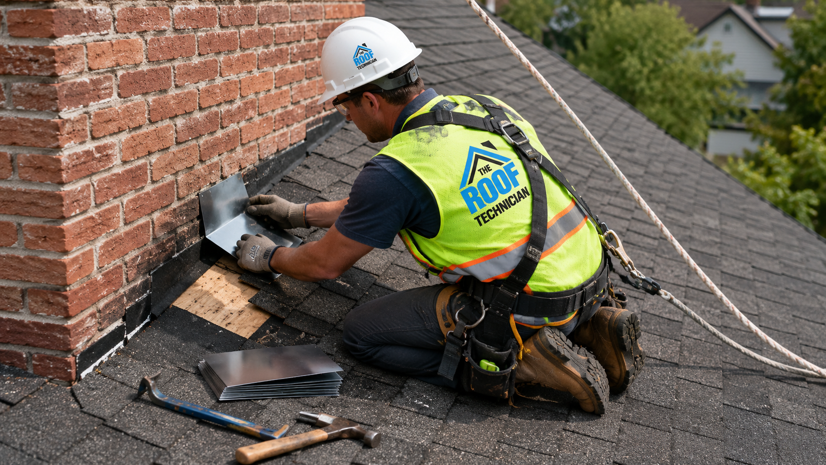 Roofer in a full safety harness performing roof leak repair Brampton flashing work on a suburban home