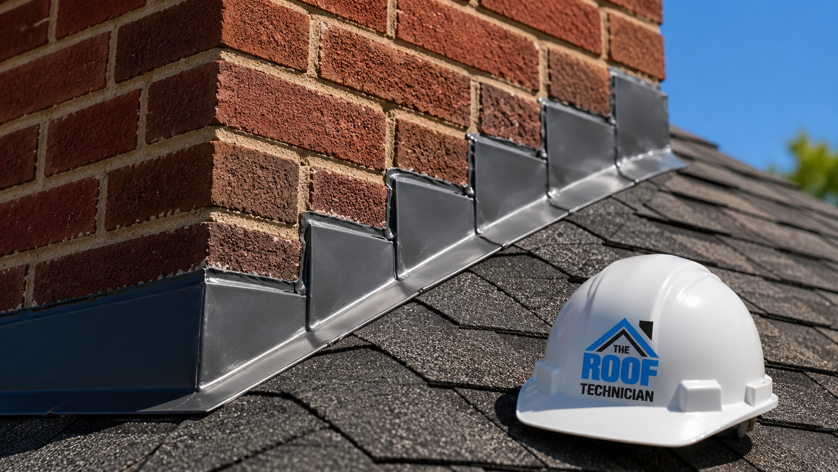 Close-up of new chimney flashing after roof repair on a Caledon home