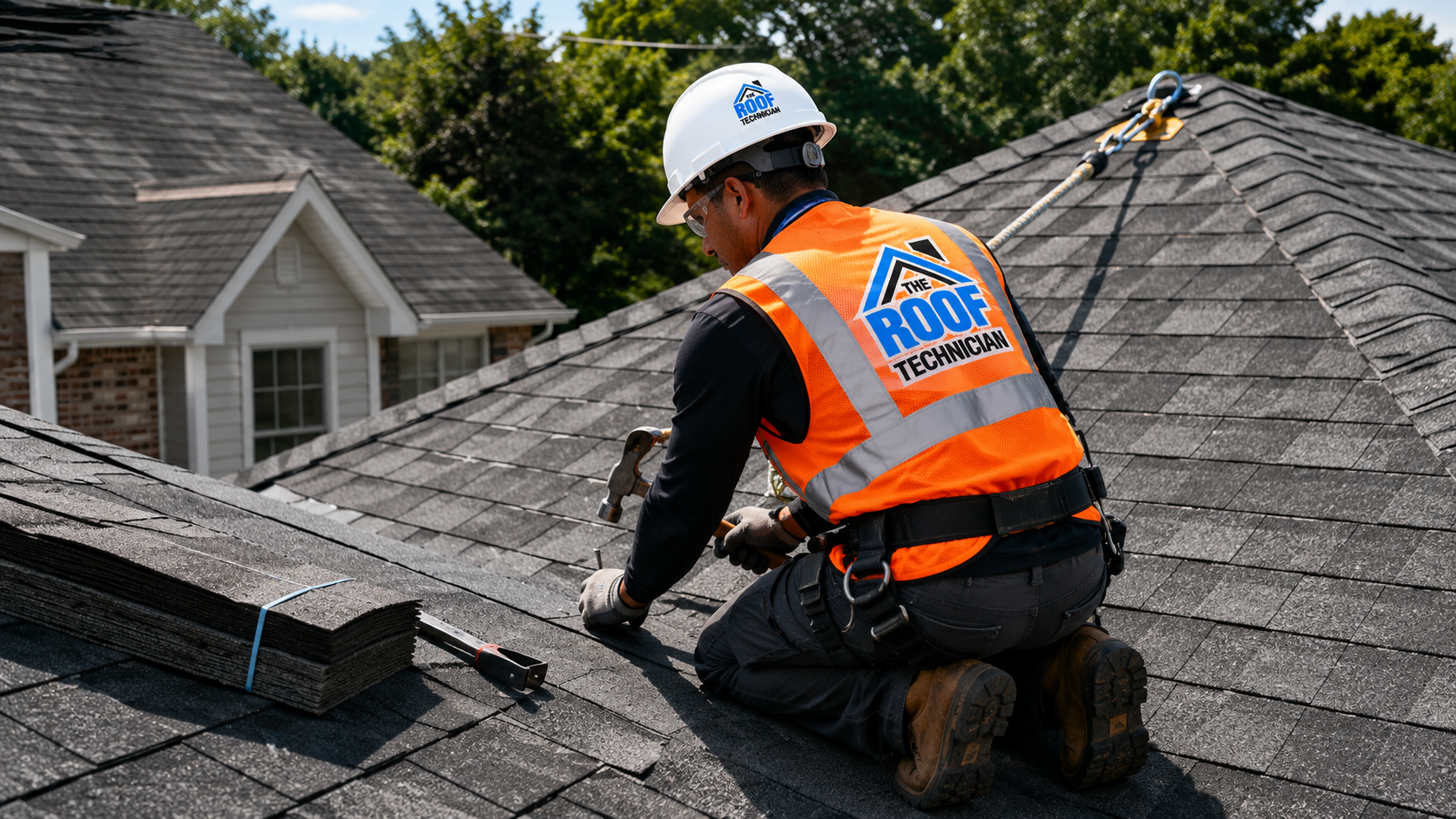 Roofer in full safety gear carrying out roof repair on a Caledon home in summer daylight