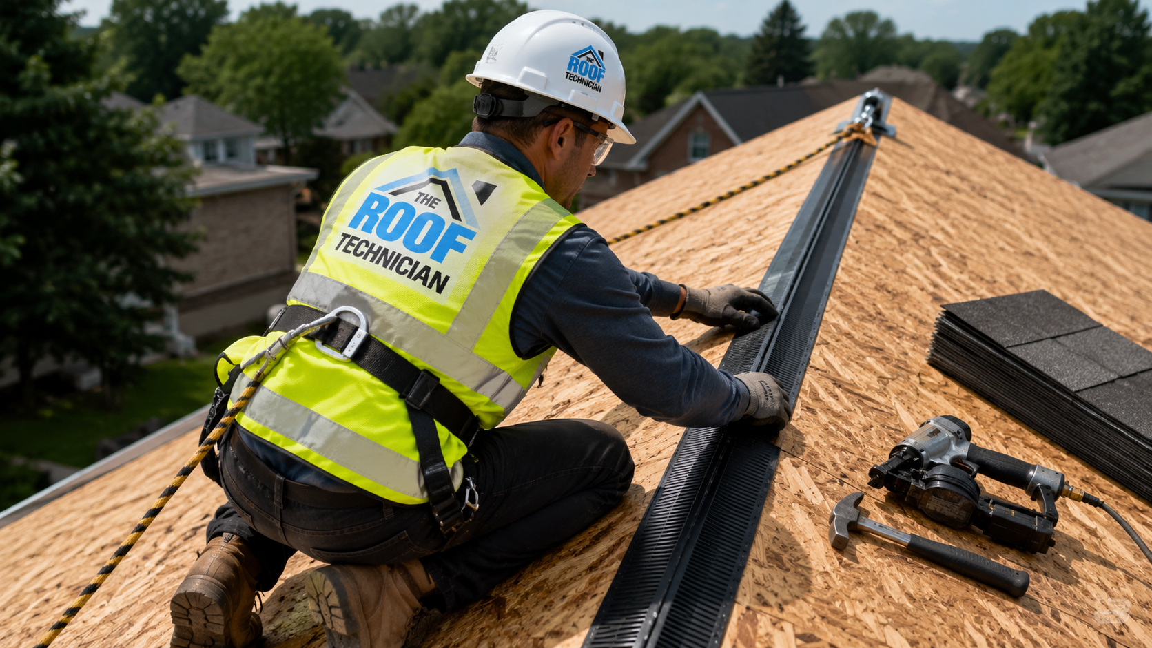 Roofer in full safety gear installing ridge venting as part of an attic ventilation Mississauga upgrade