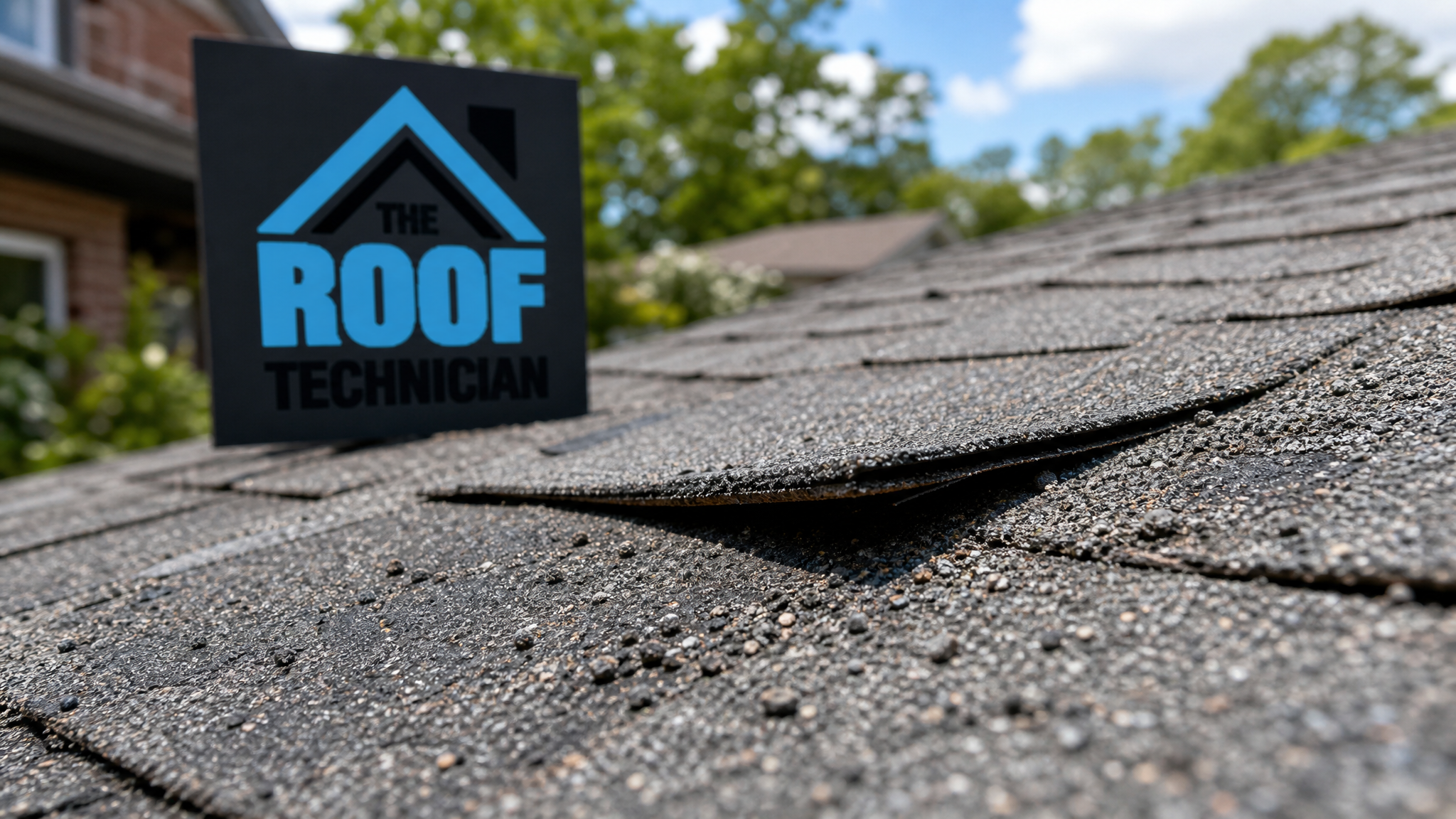 Close-up of storm-damaged asphalt shingles showing granule loss and a lifted edge, small branded The Roof Technician sign placard nearby