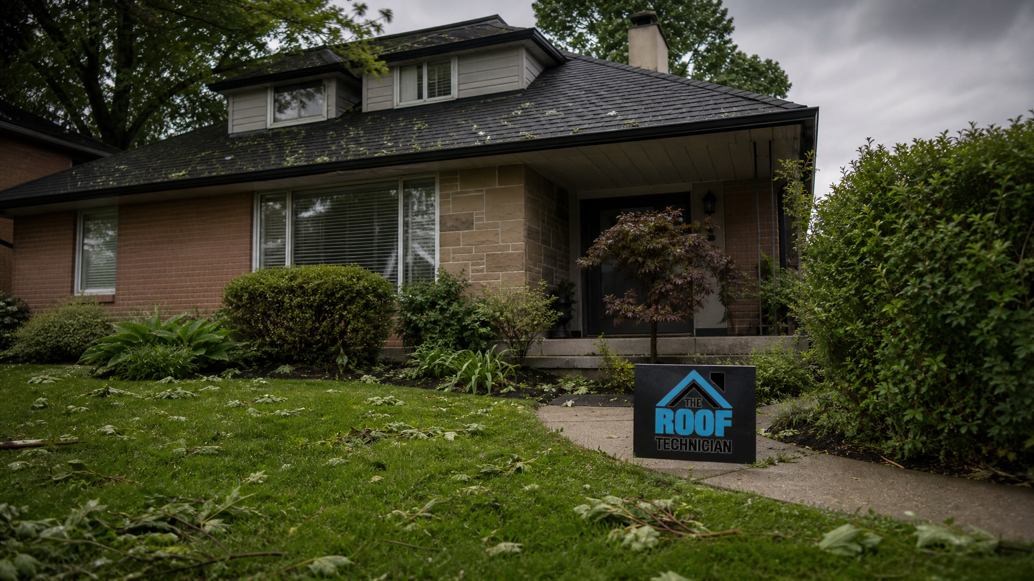 Wide establishing view of a Toronto home roofline after a summer storm with scattered debris on the lawn, small branded The Roof Technician sign placard nearby