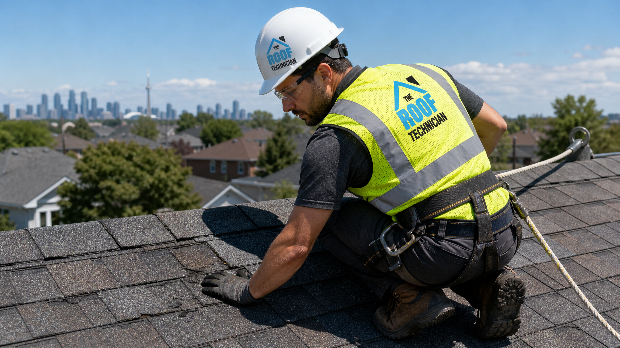 Roofing technician in full safety harness, hard hat, and hi-vis vest inspecting shingles on a Toronto roof after a summer storm