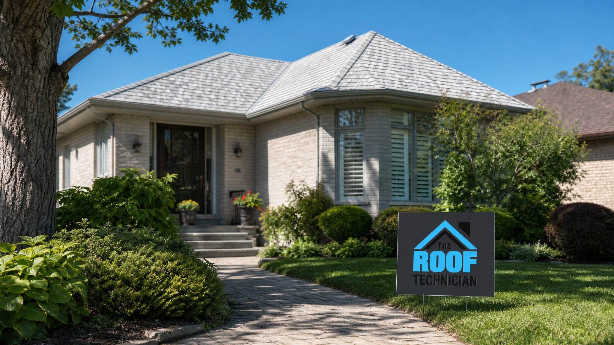 Wide establishing view of a Toronto home roof fitted with cool roof reflective shingle technology under bright summer sunlight