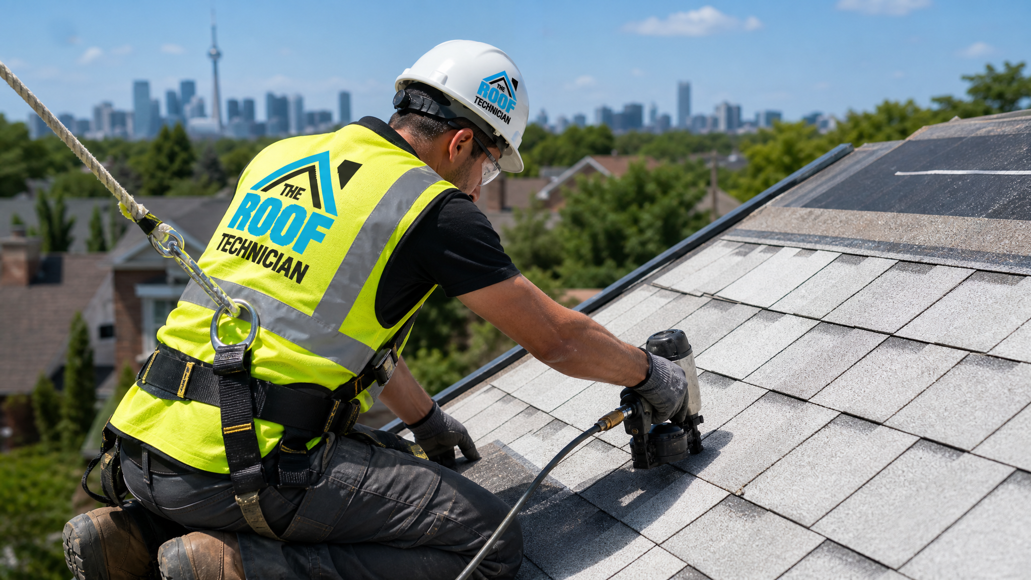 Roofer wearing full safety harness and PPE installing reflective shingles as part of cool roof reflective shingle technology upgrade