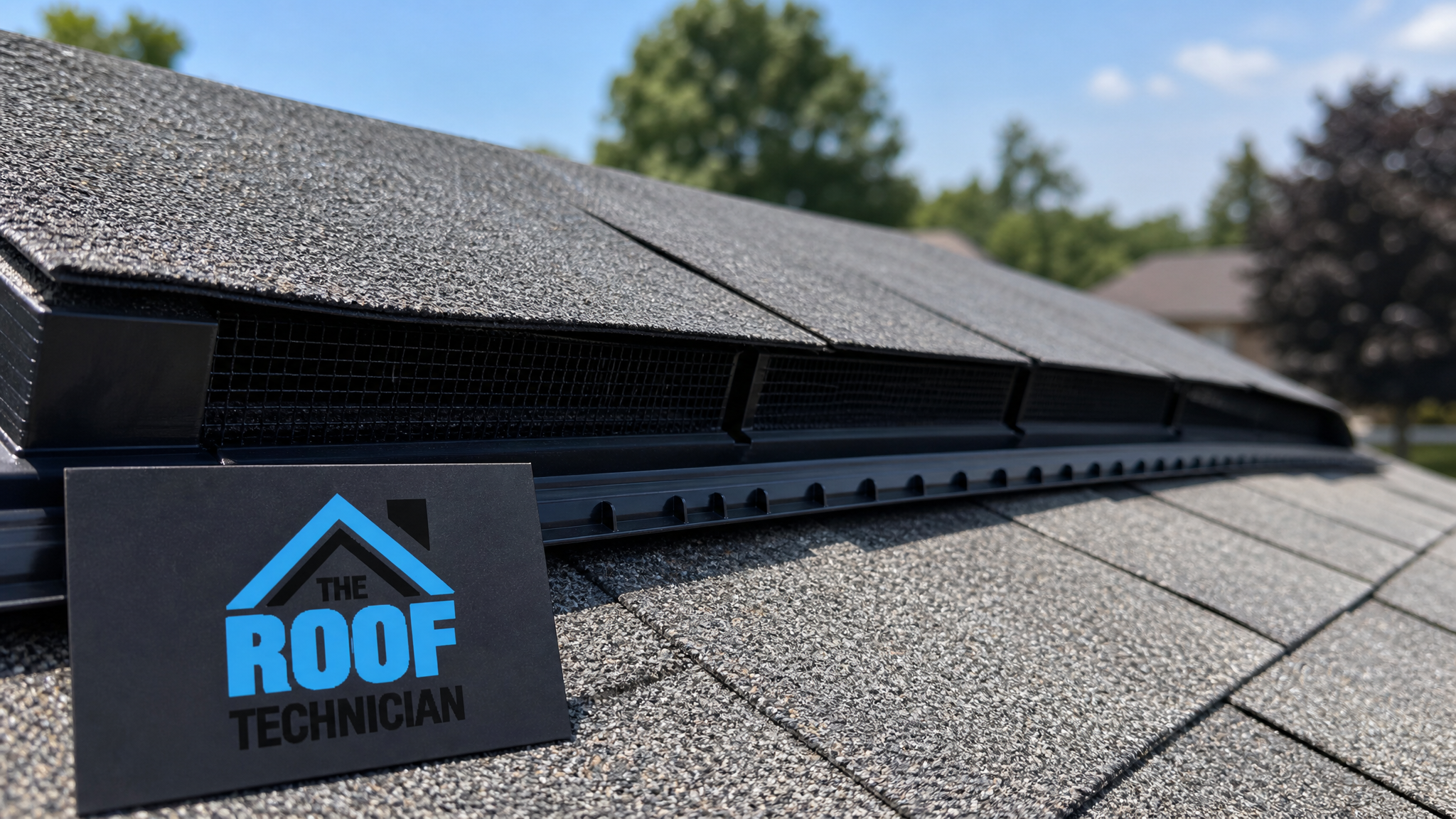 Close-up of a ridge vent baffle and mesh screen detail on a Toronto roof with a small branded sign placard nearby