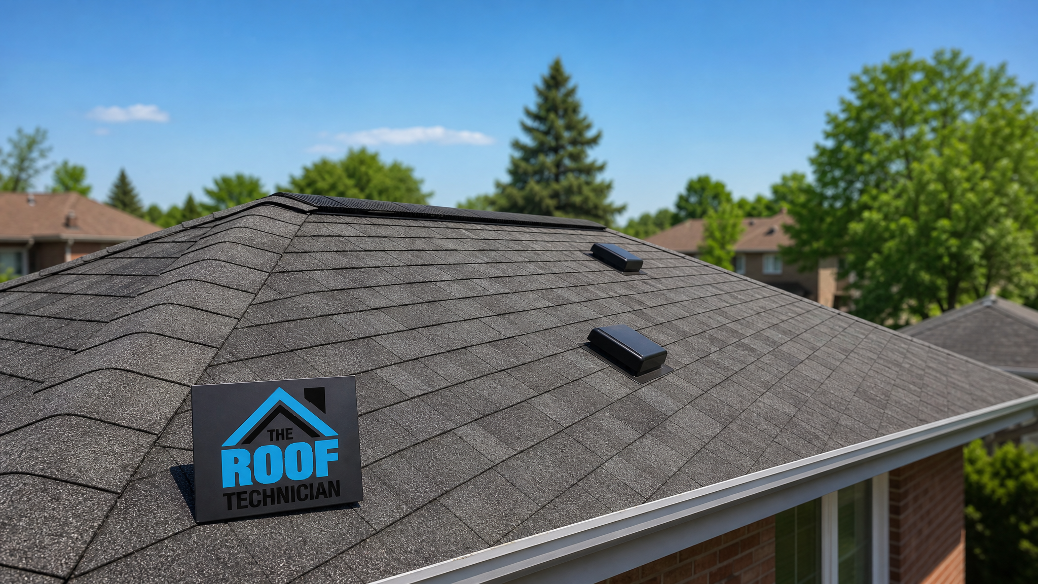 Wide establishing view of a Toronto residential roof showing a continuous ridge vent line and scattered box vents under clear summer sky