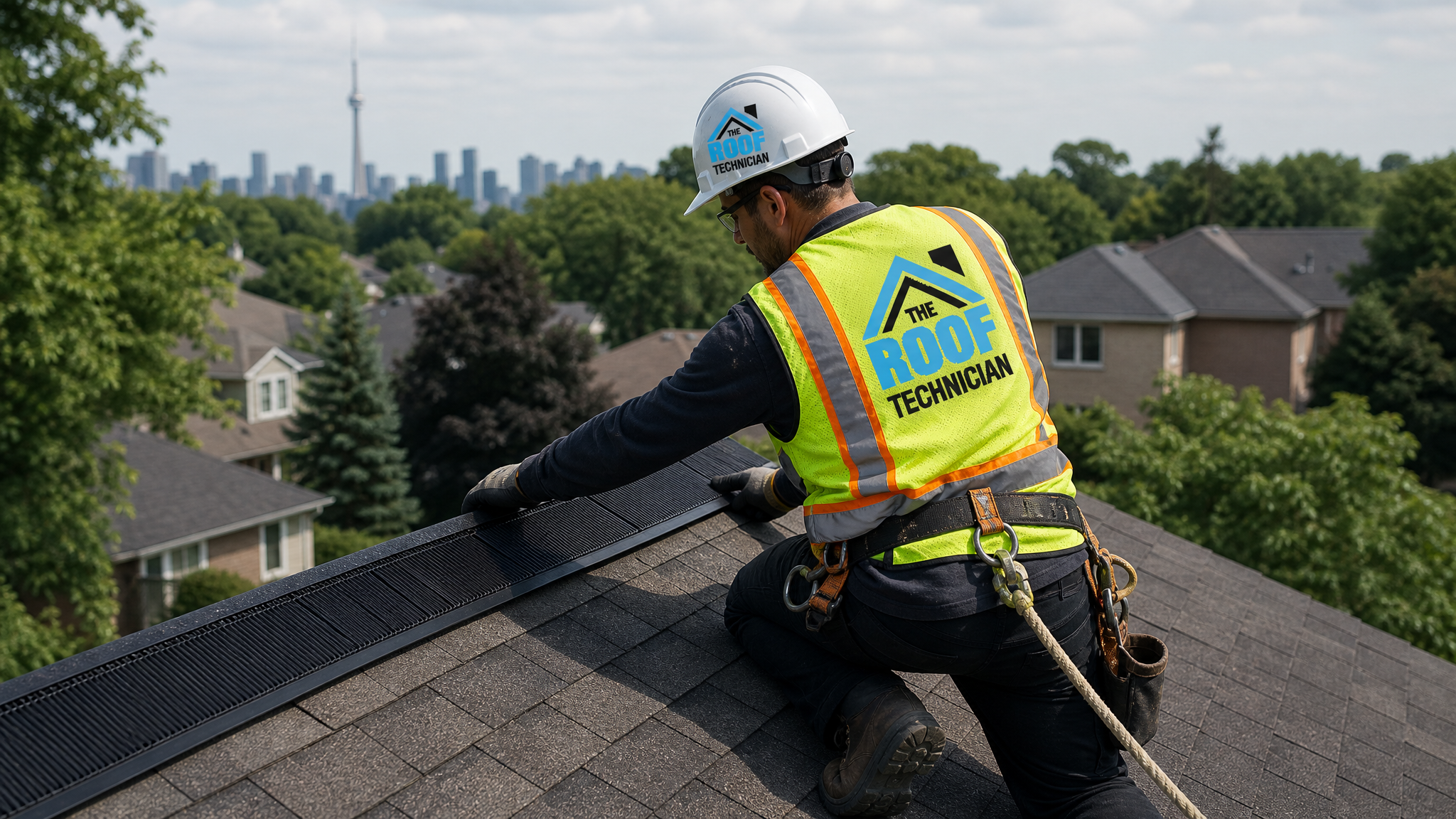 Roofer wearing full safety harness and PPE installing a ridge vent along the peak of a Toronto home in summer daylight