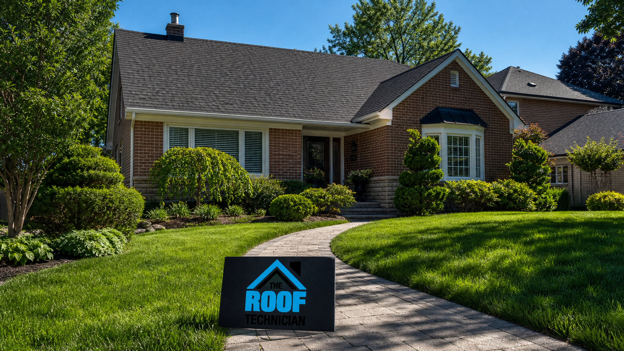 Wide establishing view of a Toronto residential rooftop under clear summer sky representing careful roofer selection and licensing checks