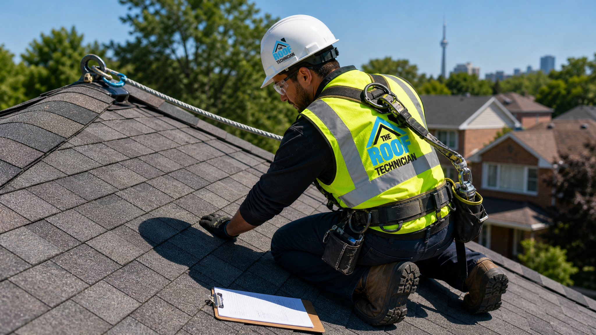 Roofing technician in full safety harness inspecting shingles on a Toronto home during a licensing and quality assessment