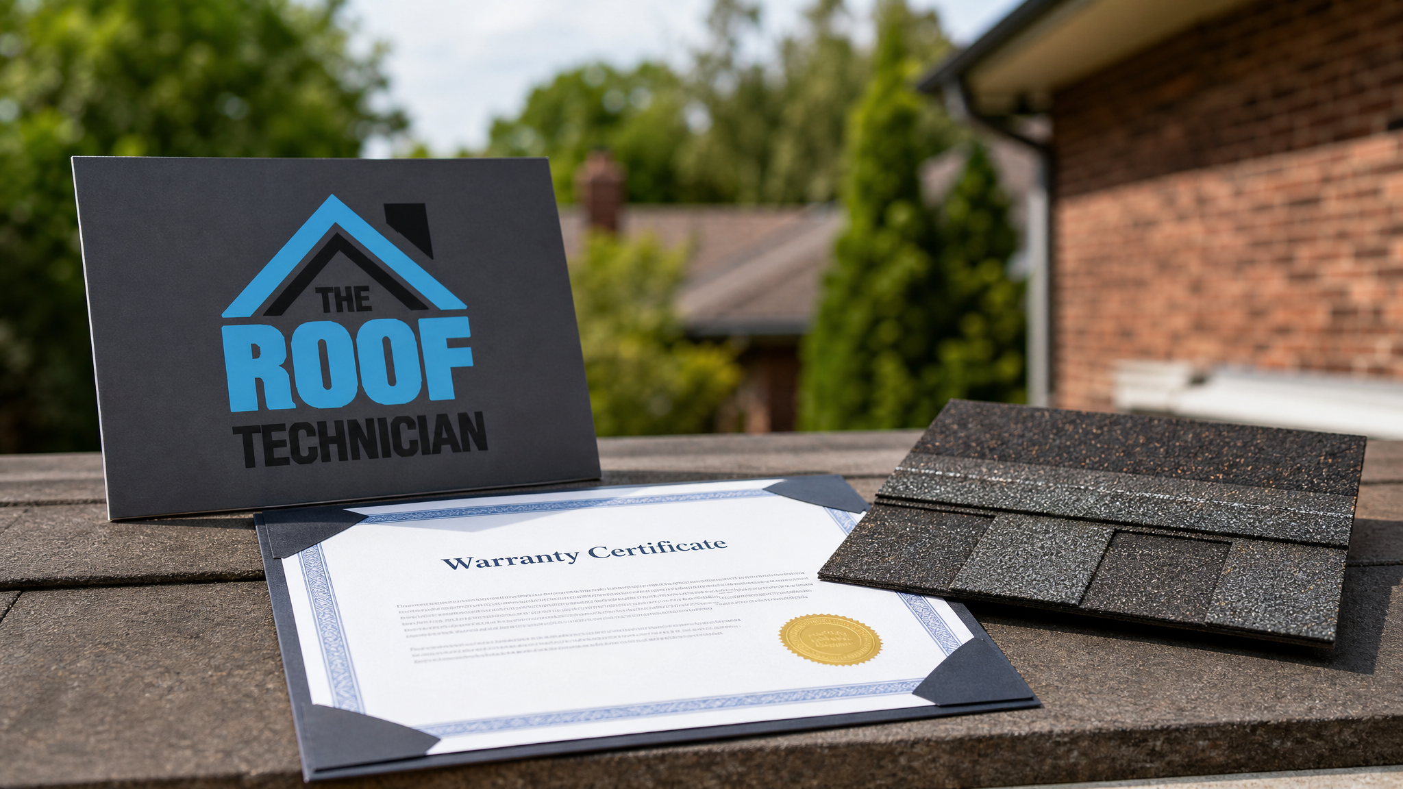 Close-up of a roofing warranty certificate and shingle sample relevant to roof warranty transfer selling home Toronto