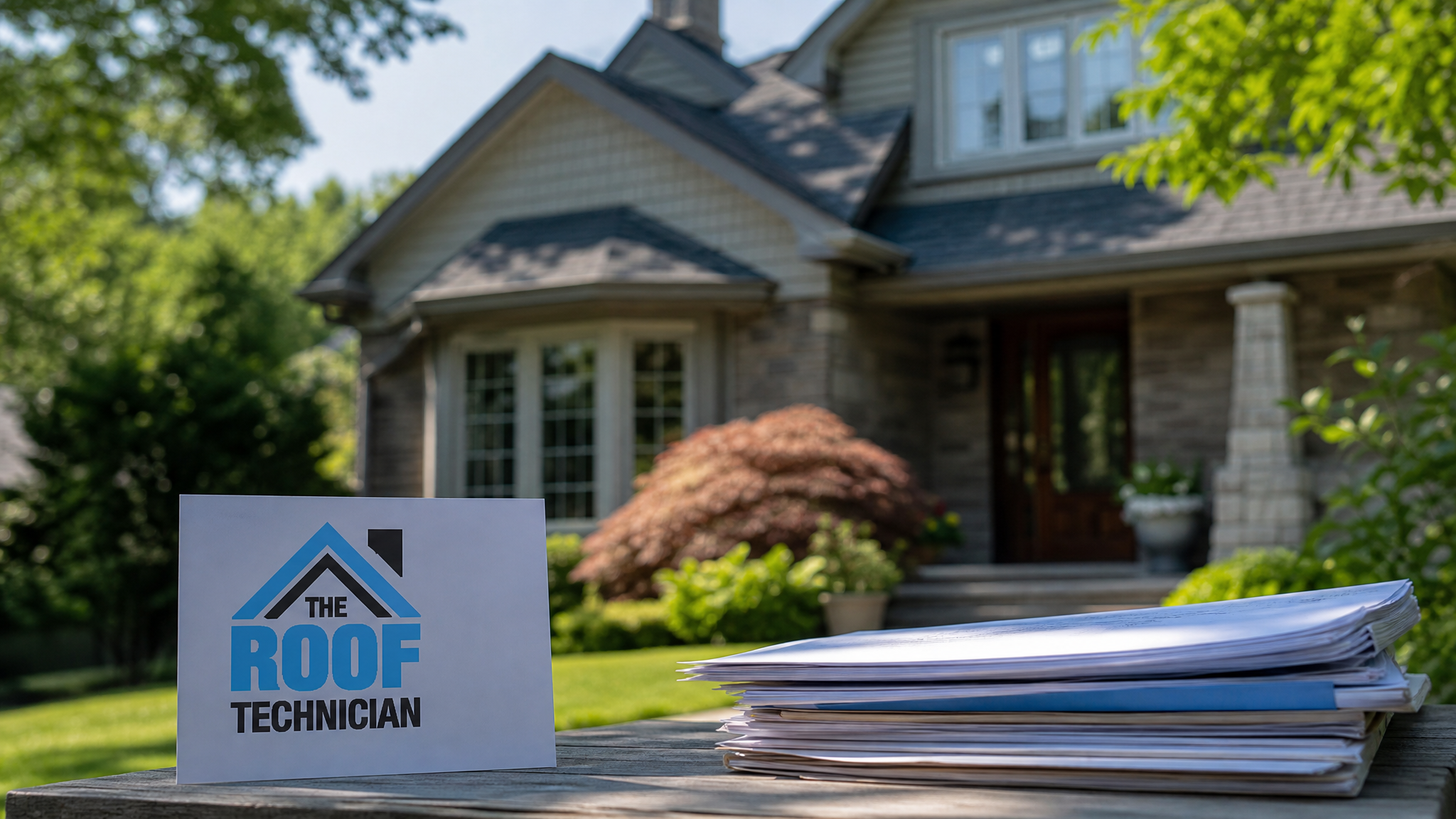 Wide establishing view of a Toronto home roofline with paperwork on a small outdoor table, relevant to roof warranty transfer selling home Toronto