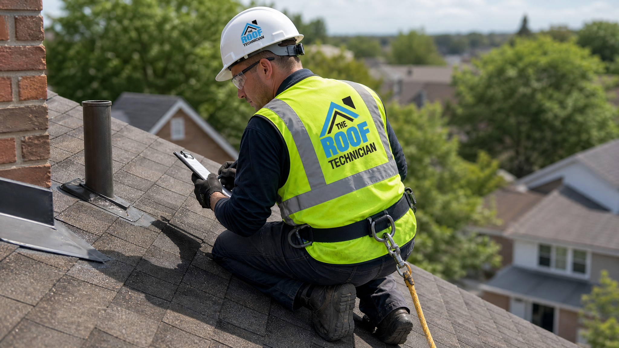 Roofing technician in full safety gear inspecting shingles and documenting details relevant to roof warranty transfer selling home Toronto