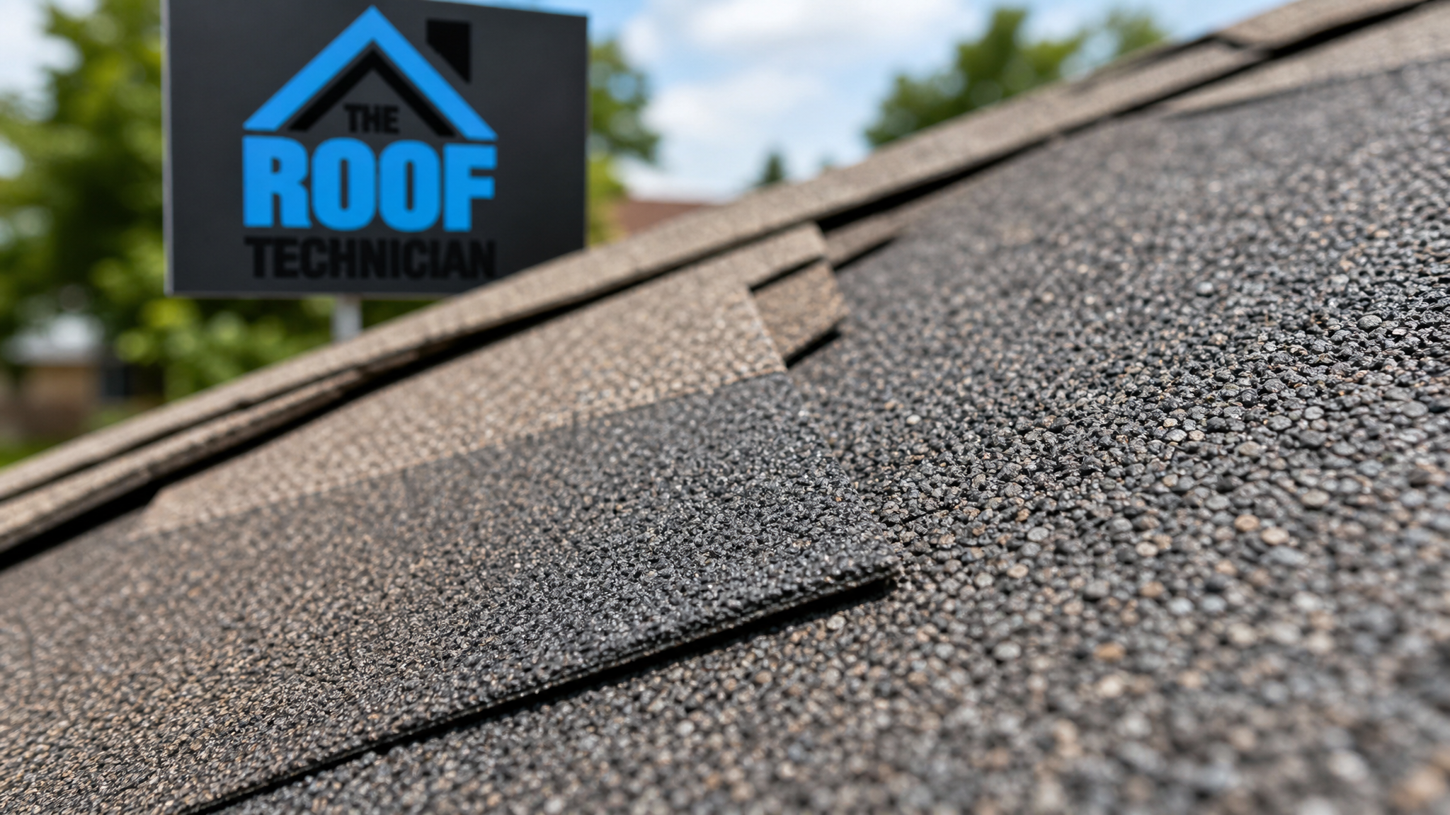 Close-up of overlapping asphalt shingle granules showing the fine texture and colour blend used to match a repaired roof section in Toronto