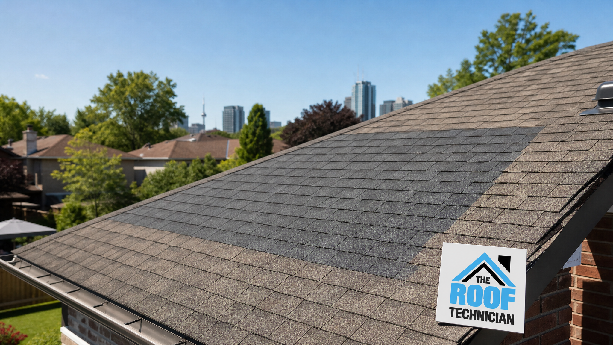 Wide establishing view of a Toronto residential rooftop showing a section of newly installed asphalt shingles blending against older weathered shingles under summer daylight