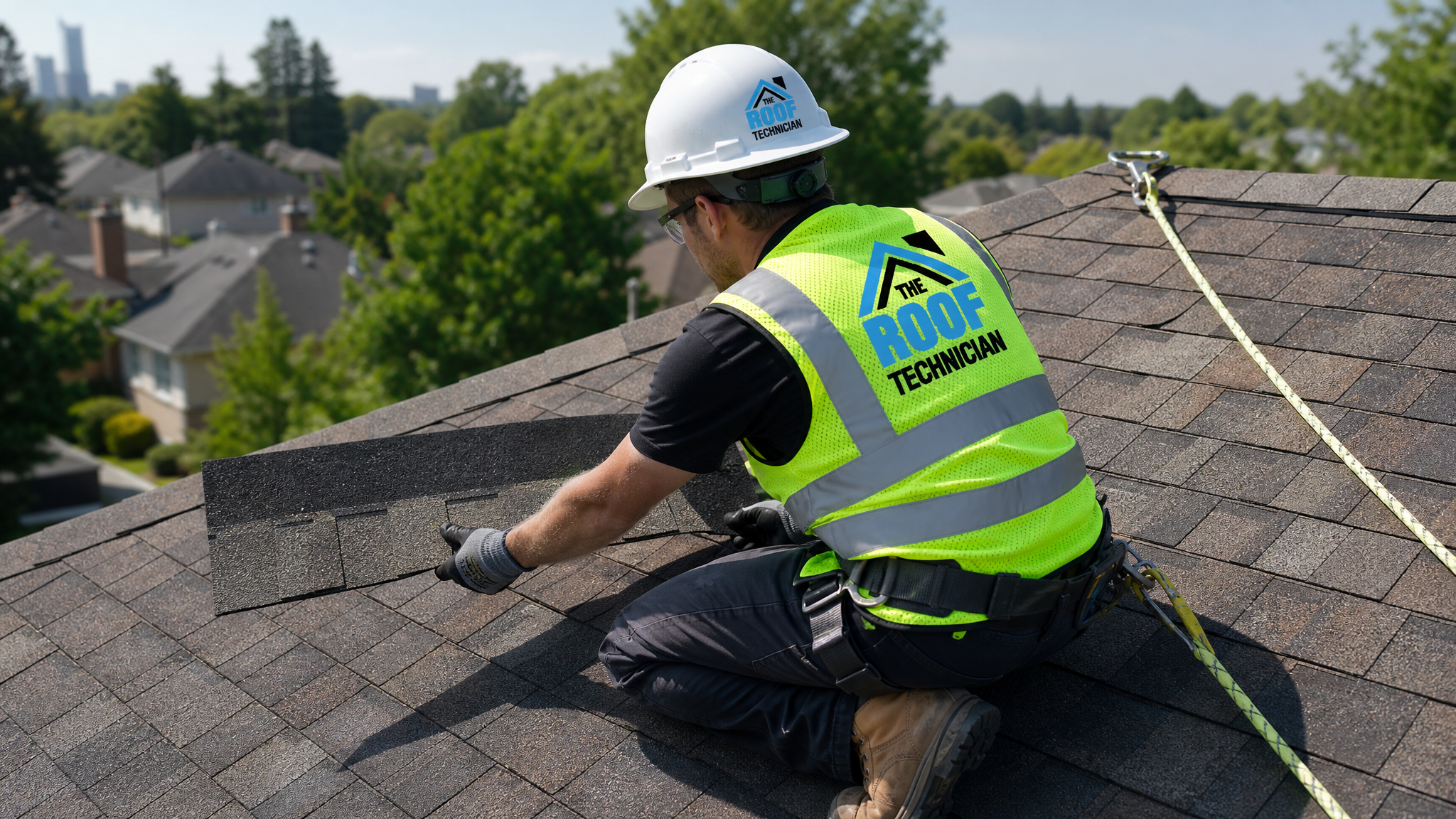 Roofing technician wearing full safety gear kneeling on a sloped roof carefully aligning a replacement asphalt shingle against existing weathered shingles during a partial repair
