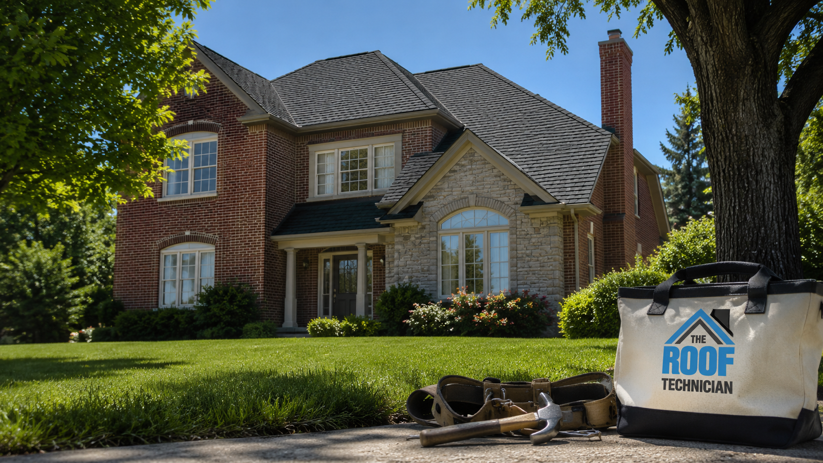 Suburban Halton Region home with new asphalt shingle roofing under clear summer sky