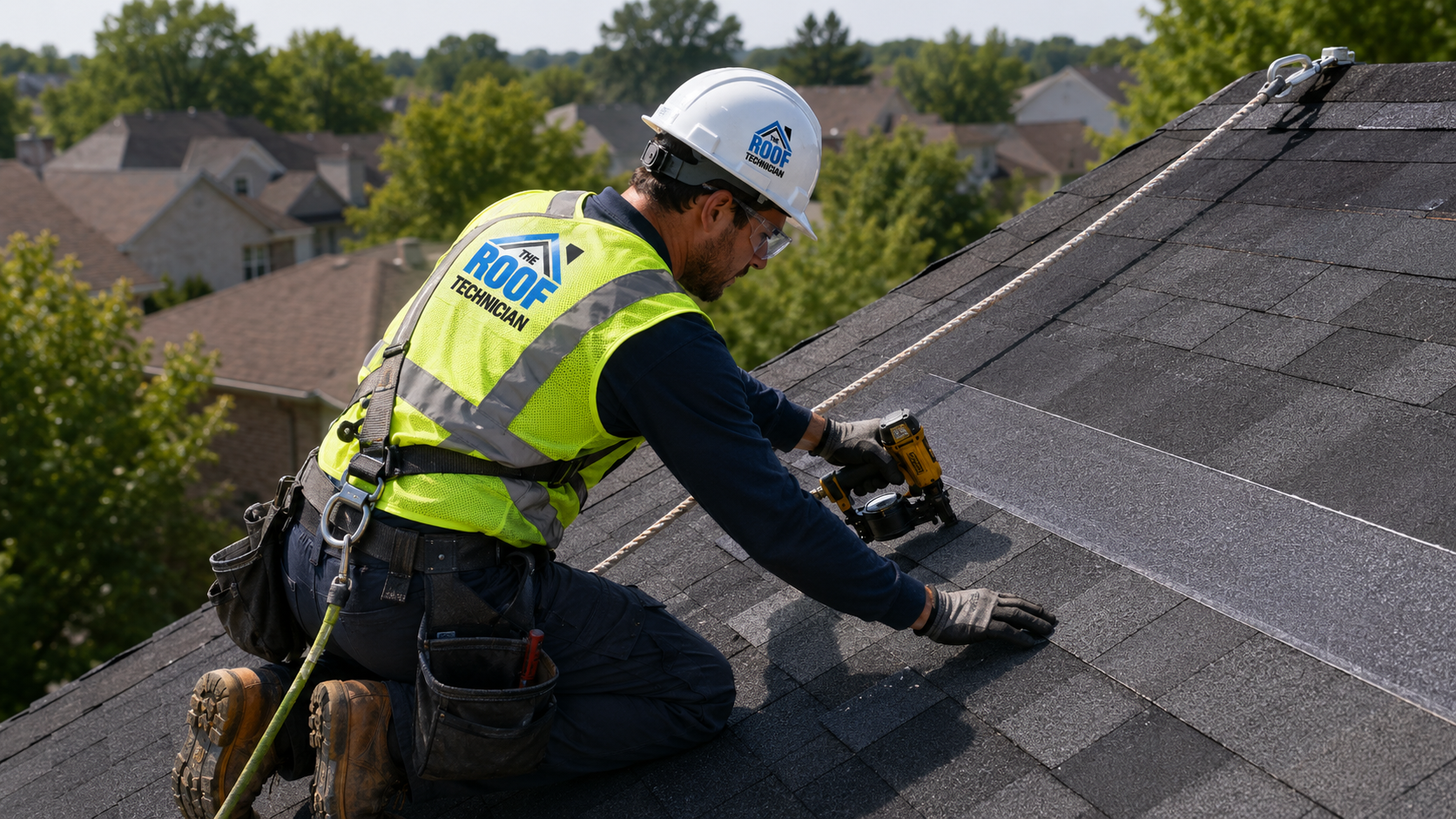 Roofer in full safety gear installing shingles during a roofing Halton Region replacement project