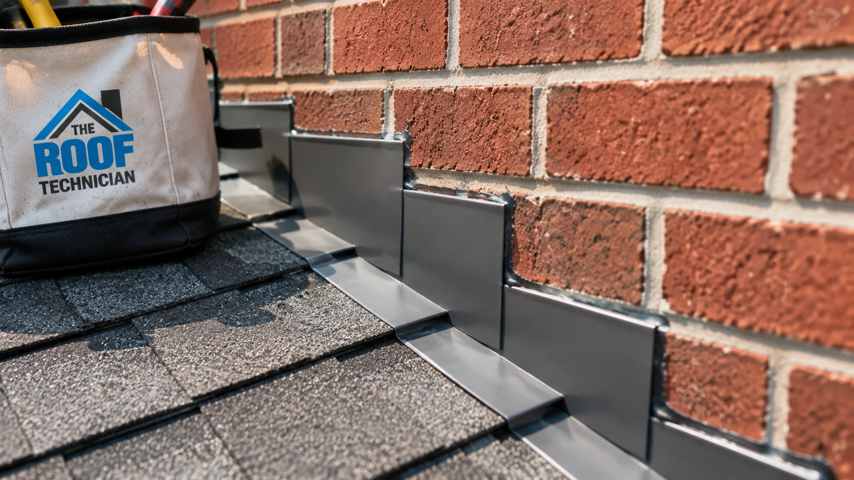 Close up of new step flashing and shingle detail after roof repair Oakville work on a brick home