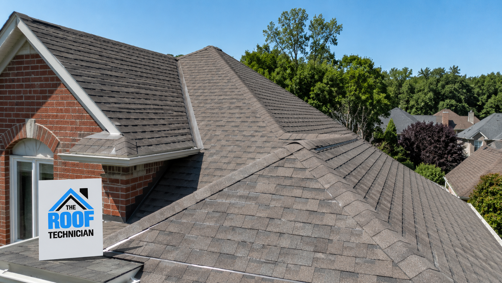 Asphalt shingle roof on a brick two storey home showing typical roof repair Oakville conditions in summer