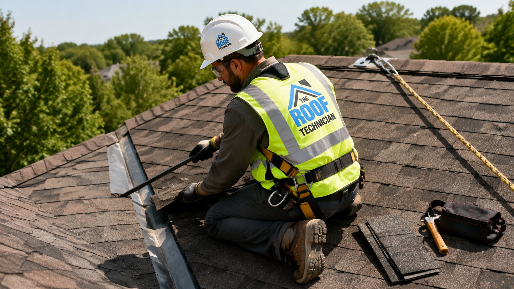 Roofer in full safety gear performing roof repair Oakville work on shingles near a valley in summer