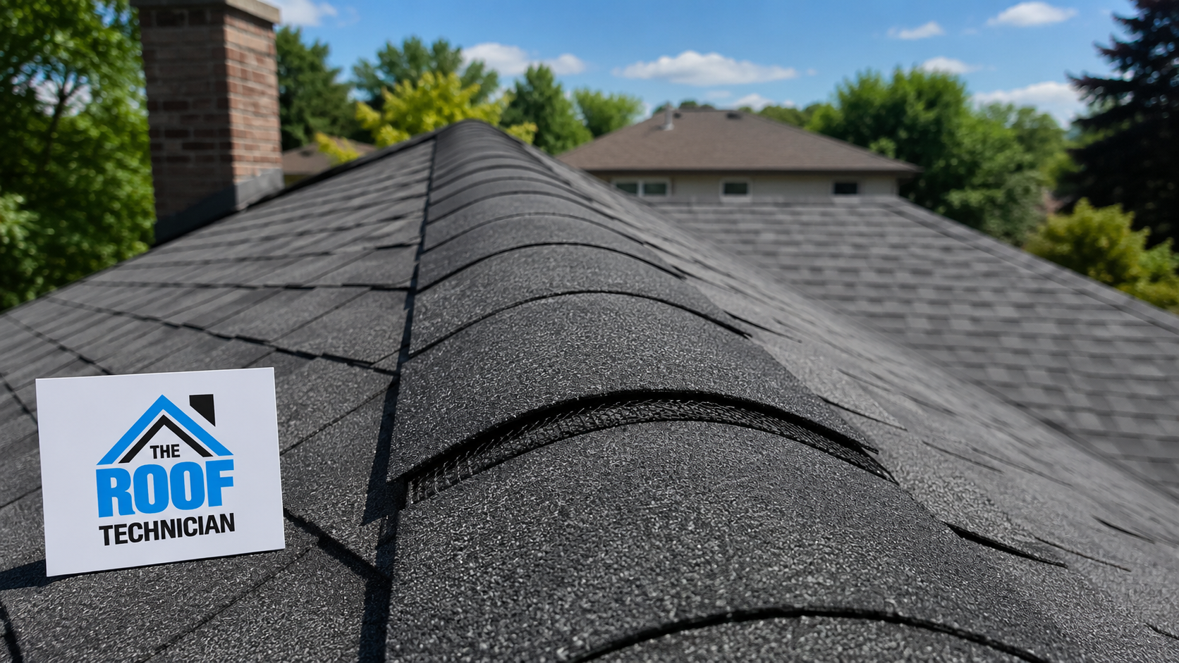 Close-up detail of new ridge cap shingles and ventilation after a roof replacement in Burlington