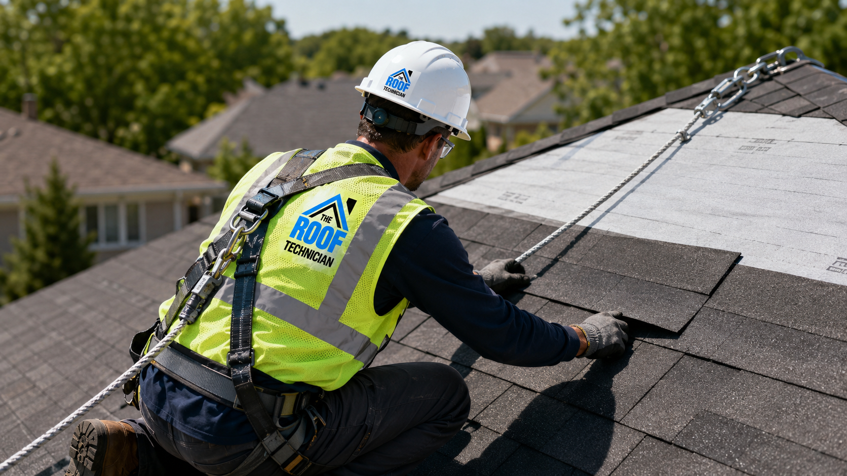 Roofer in full safety gear installing new asphalt shingles during a roof replacement in Burlington