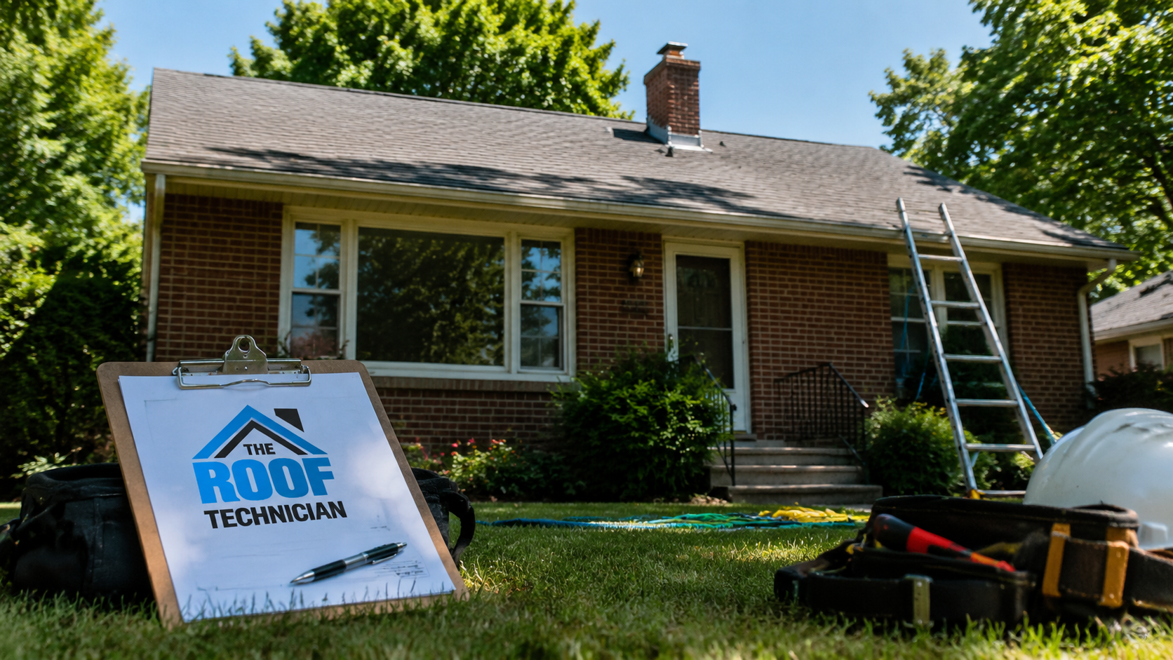 Roof repair Etobicoke: asphalt shingle roof on a postwar brick bungalow in summer daylight