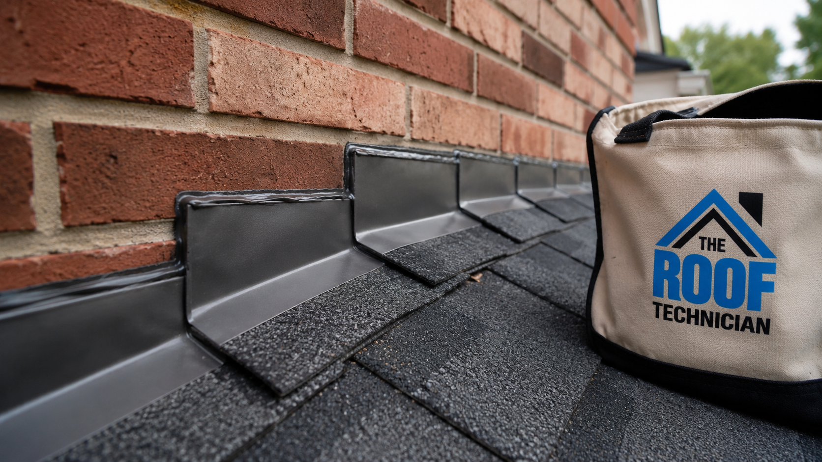 Close-up of new step flashing and sealed shingles after roof repair Scarborough contractors completed at a sidewall