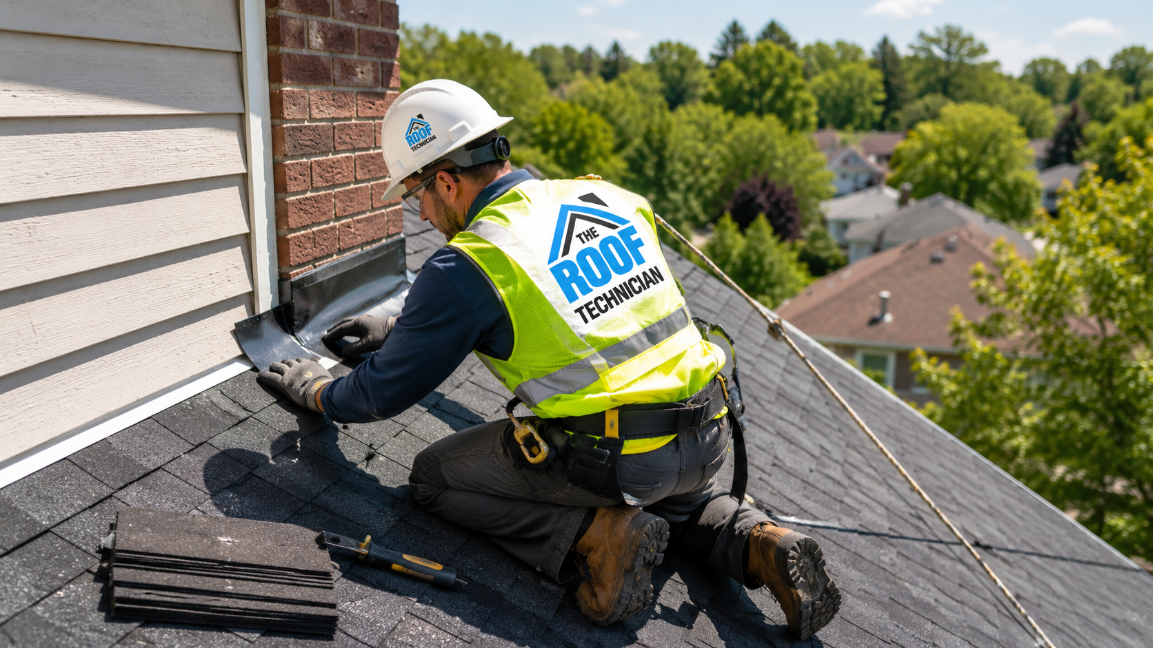 Roofer in full safety gear and harness performing roof repair Scarborough homeowners rely on in summer daylight