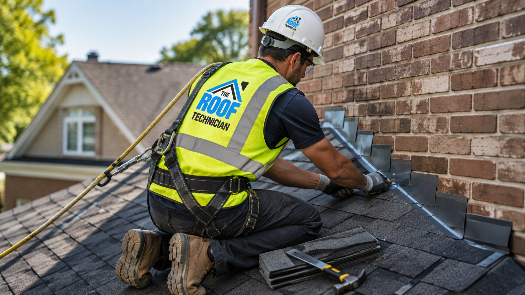 Roofer in full safety gear replacing flashing during a roof repair in North York on a suburban home
