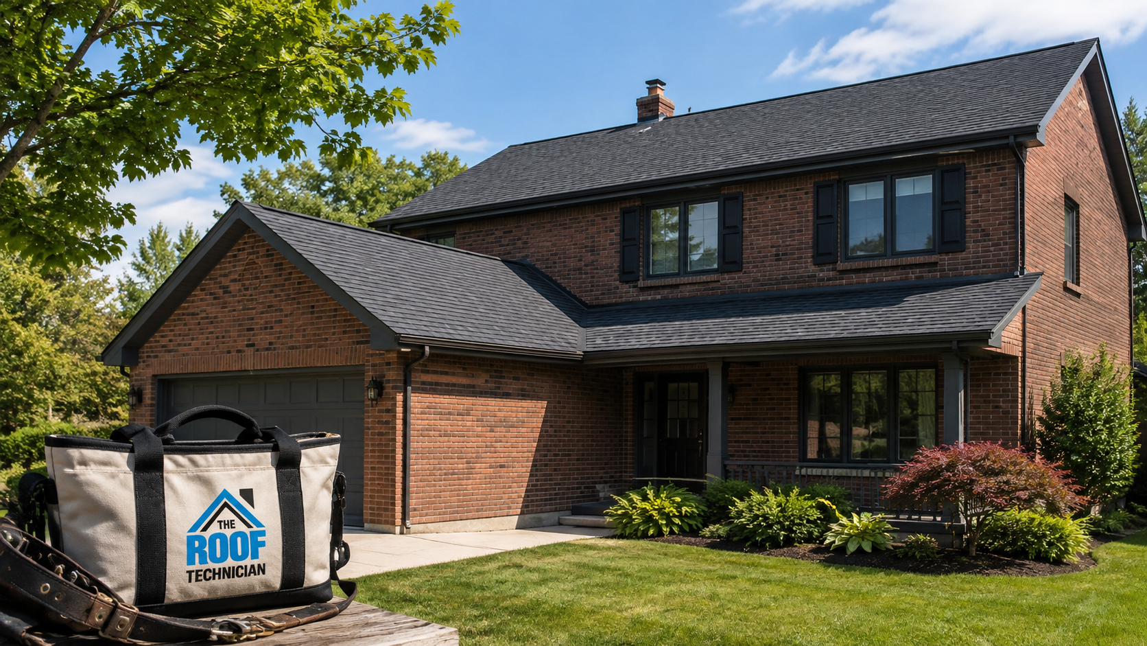 Completed roof replacement in North York on a two storey brick suburban home in summer daylight