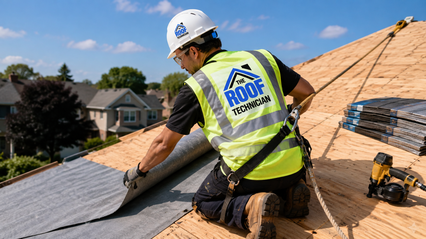 Roofer in full safety gear installing underlayment during a roof replacement in North York